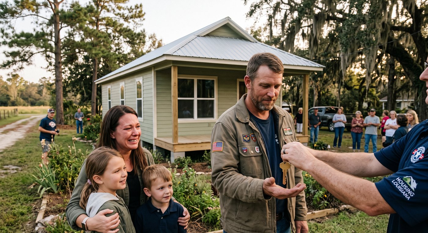 A veteran receives the keys to a home while his family embraces beside him