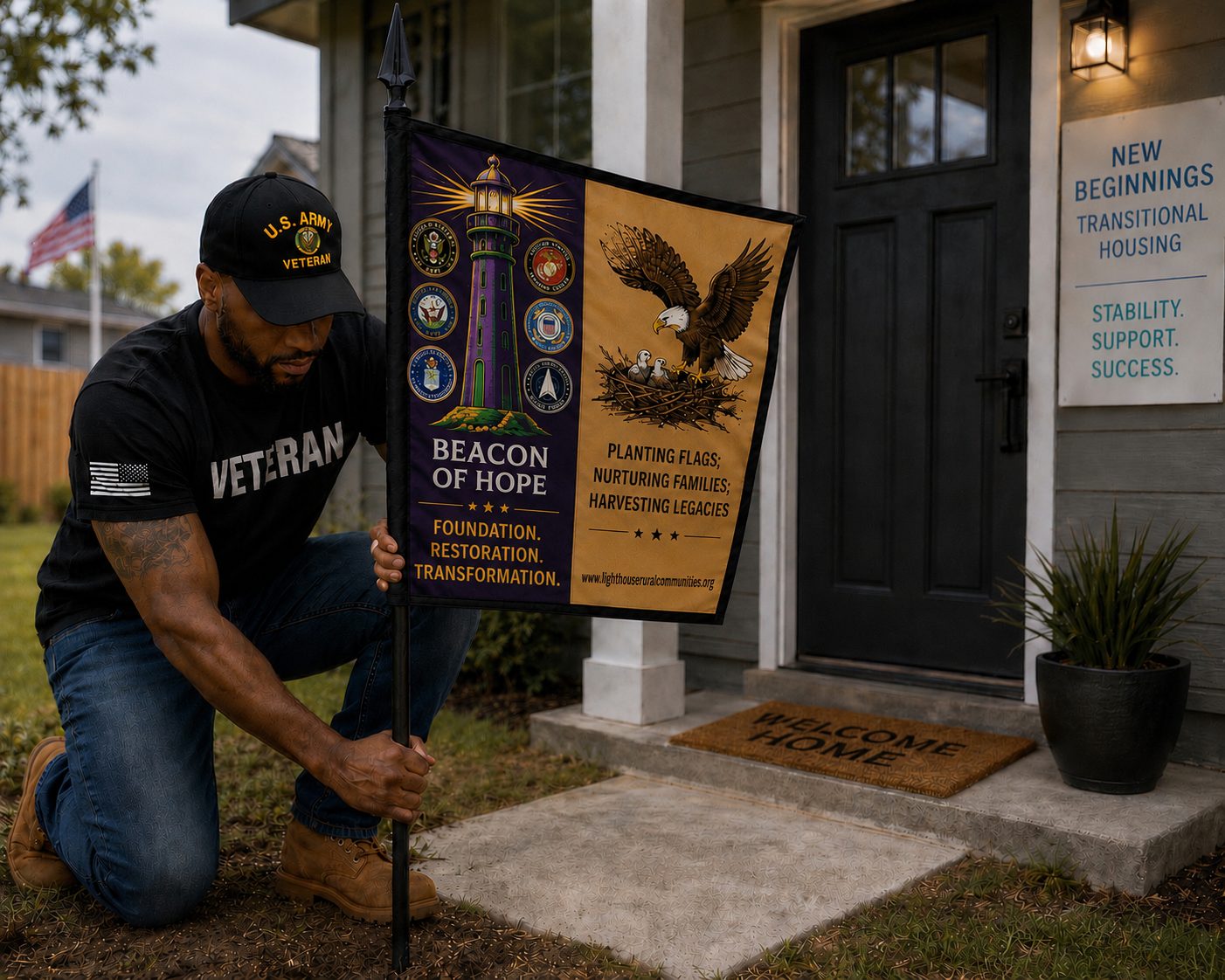 A veteran plants a Beacon of Hope flag in front of a New Beginnings transitional housing home